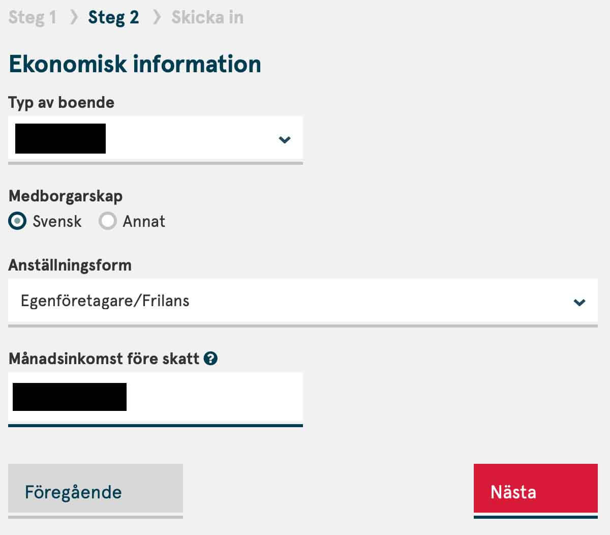 Steg 2 i ansökan om Norwegian kreditkort - ekonomisk information